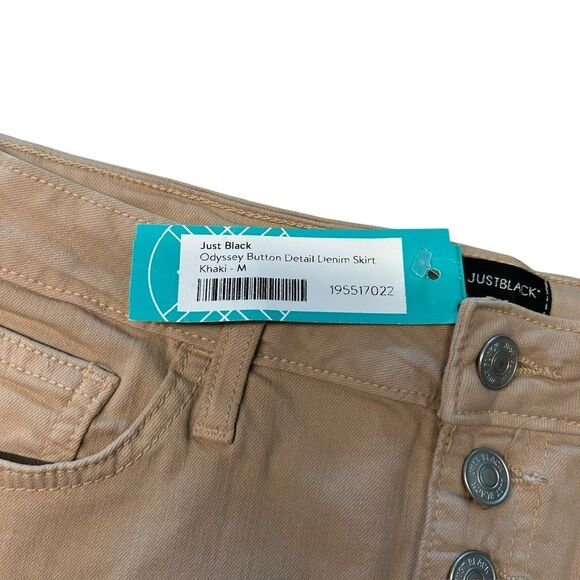 Just Black Denim Women’s M Odyssey Khaki Mini Skirt Tan Raw Hem Button Fly NWT - Picture 6 of 7